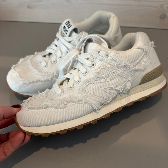 Miu Miu Shoes - Miu Miu x New Balance 574 
 Distressed White Denim Canvas Sneakers Runners